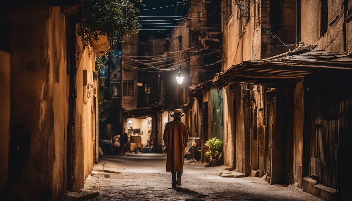 A lone figure standing in a dimly lit urban alley.