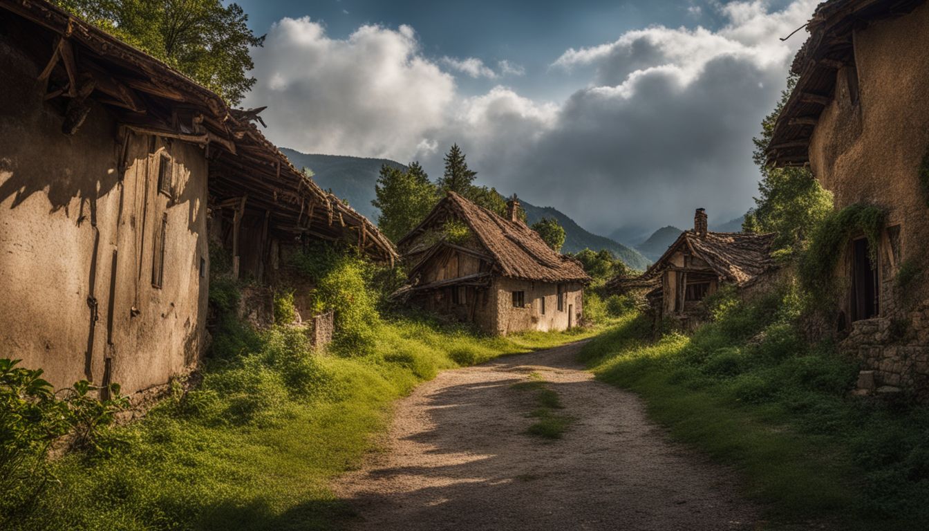 An abandoned, plague-infected village with deserted streets and eerie silence.