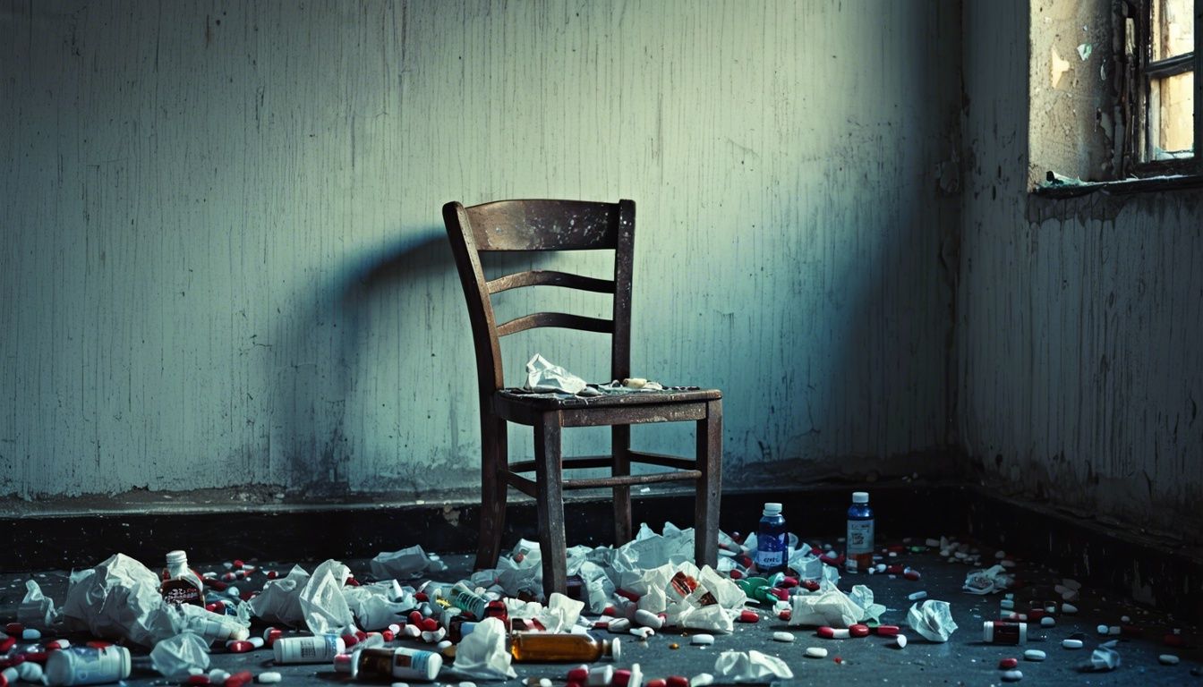 A weathered chair in a room with scattered pill bottles and tissues.