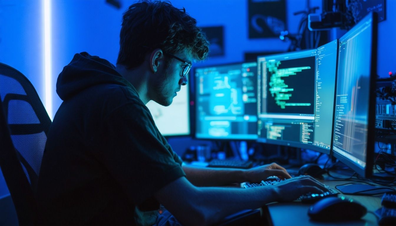 A young adult deeply engrossed in computer screen surrounded by electronic devices.