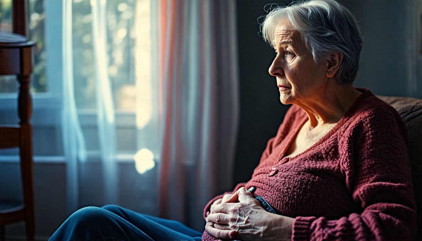 Elderly woman with Crohn's disease holding her abdomen in discomfort.