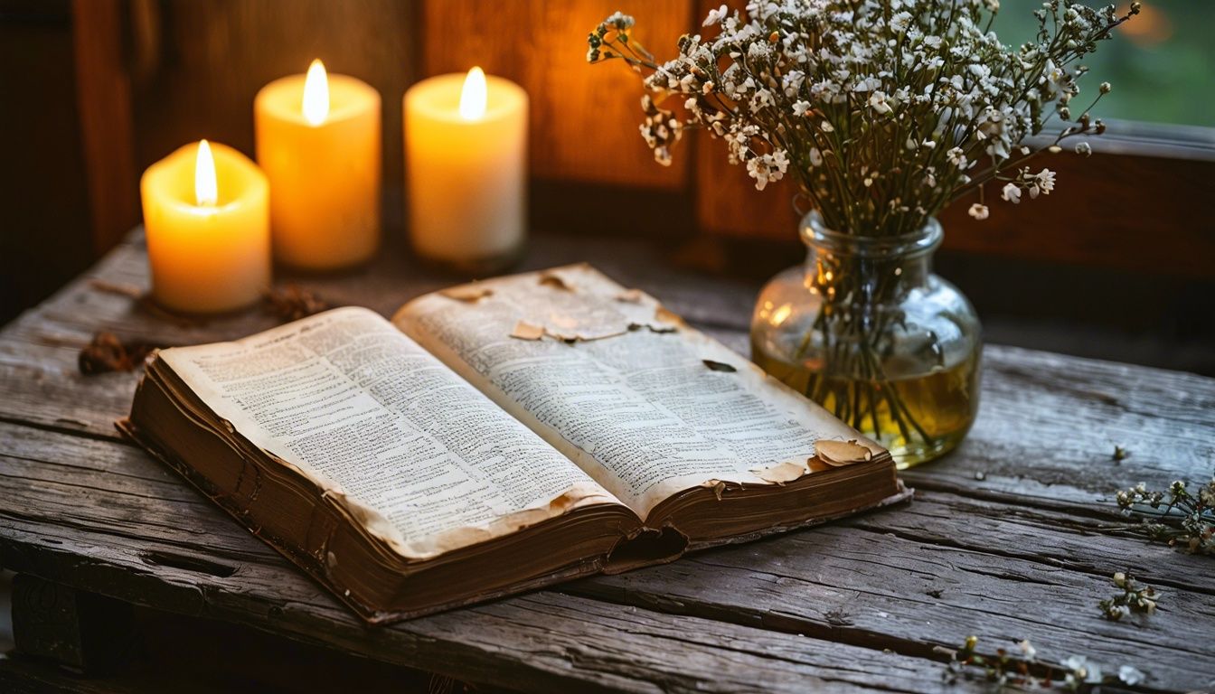 A worn-out 12-Step program book on a wooden table with candles.