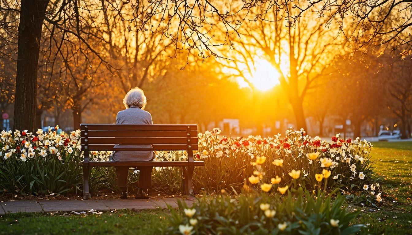 Elderly woman sitting on park bench surrounded by wilting flowers.