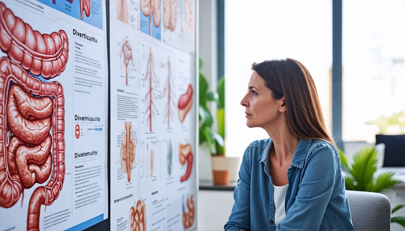 Woman at doctor's office nods understanding of diverticulitis diagnosis.