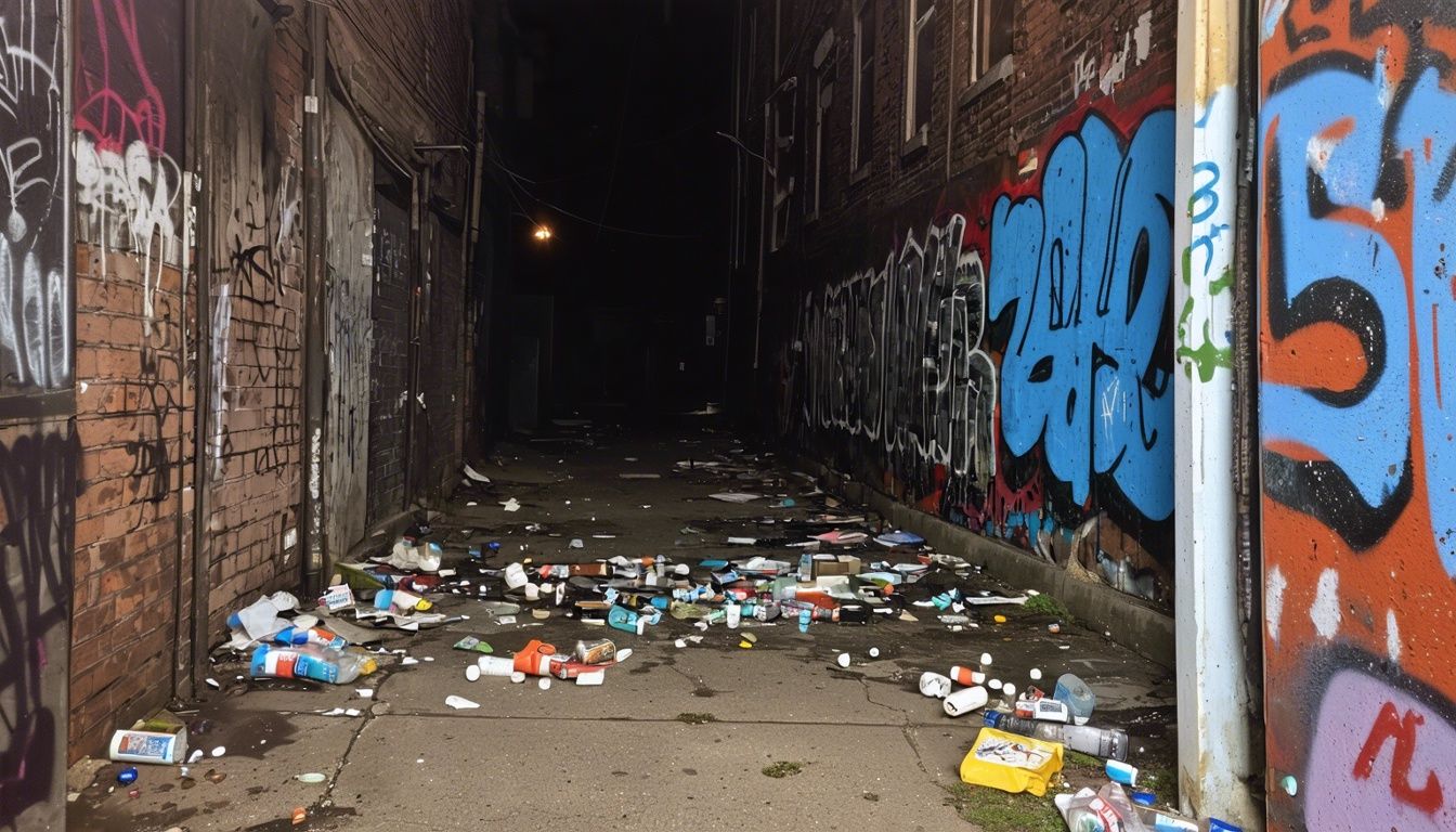 A gritty urban alleyway with graffiti and drug paraphernalia.