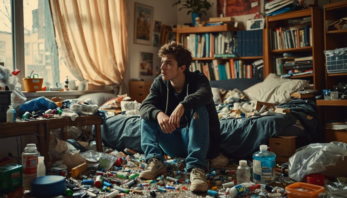 Troubled young adult surrounded by drug paraphernalia in messy room.