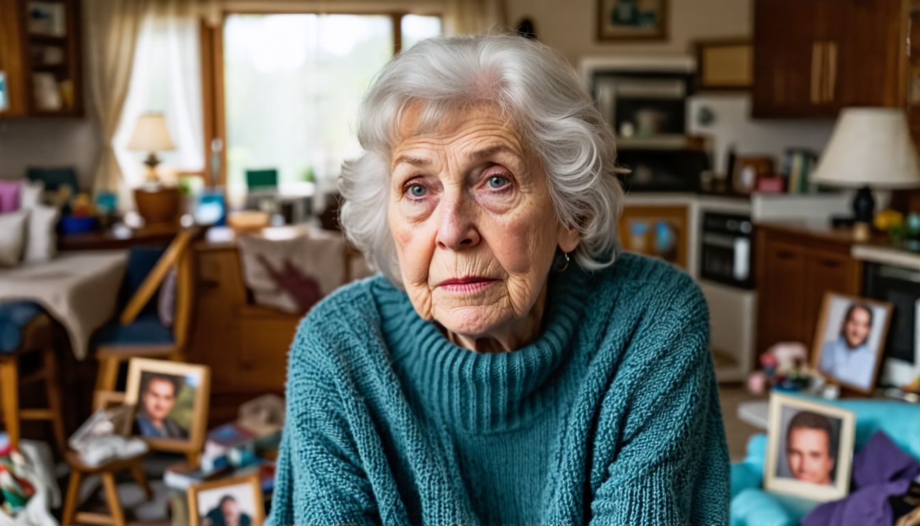 An elderly woman with communication difficulties and changed behavior in a cluttered living room.