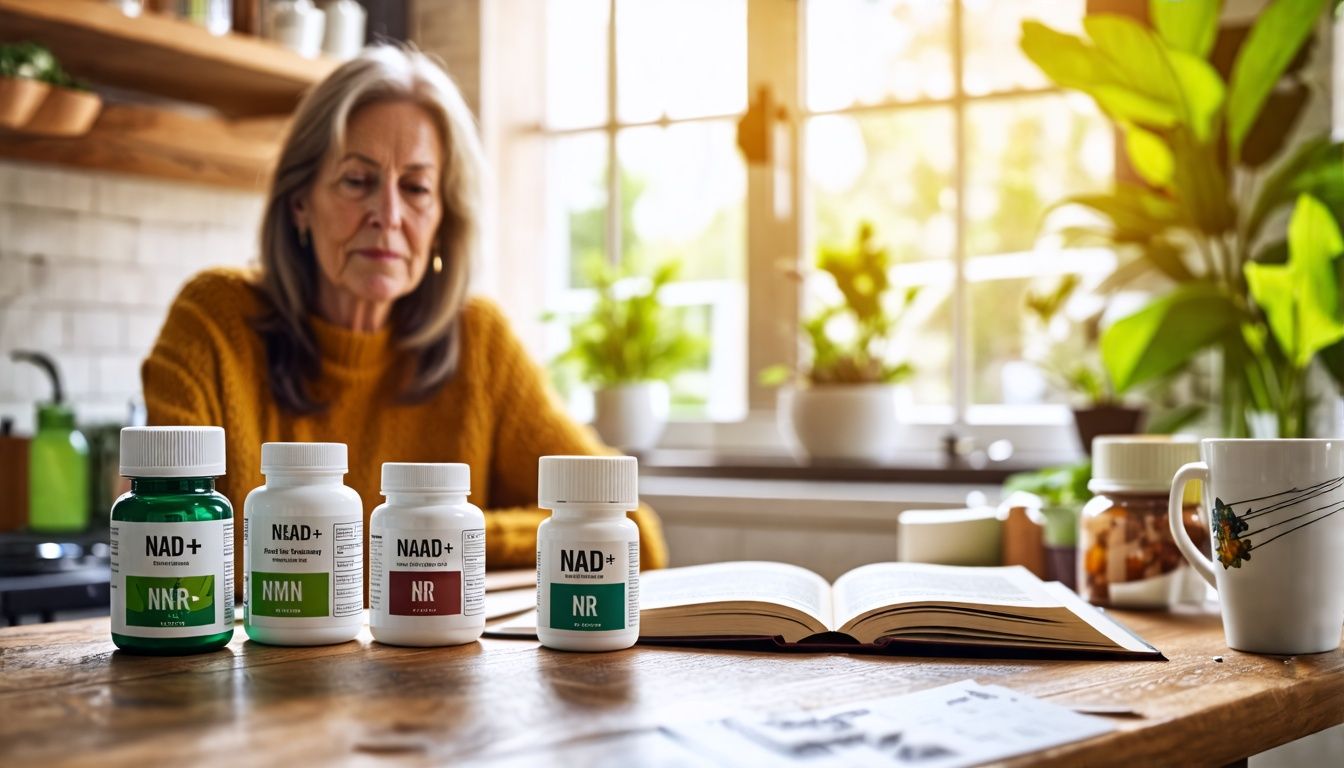 A woman learning about NAD+, NMN, and NR supplements in kitchen.