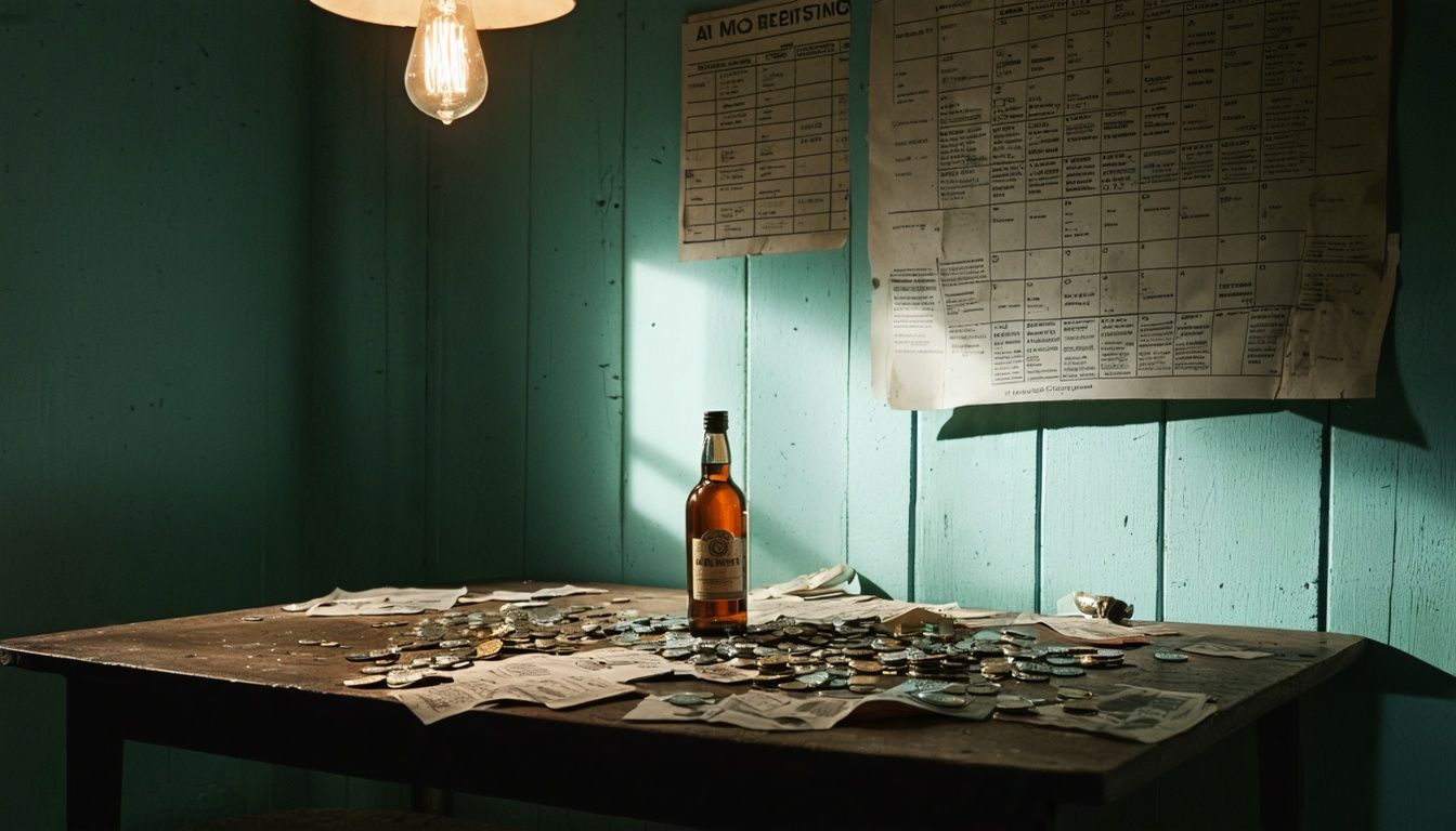 An abandoned room with alcohol, sobriety coins, and recovery literature.