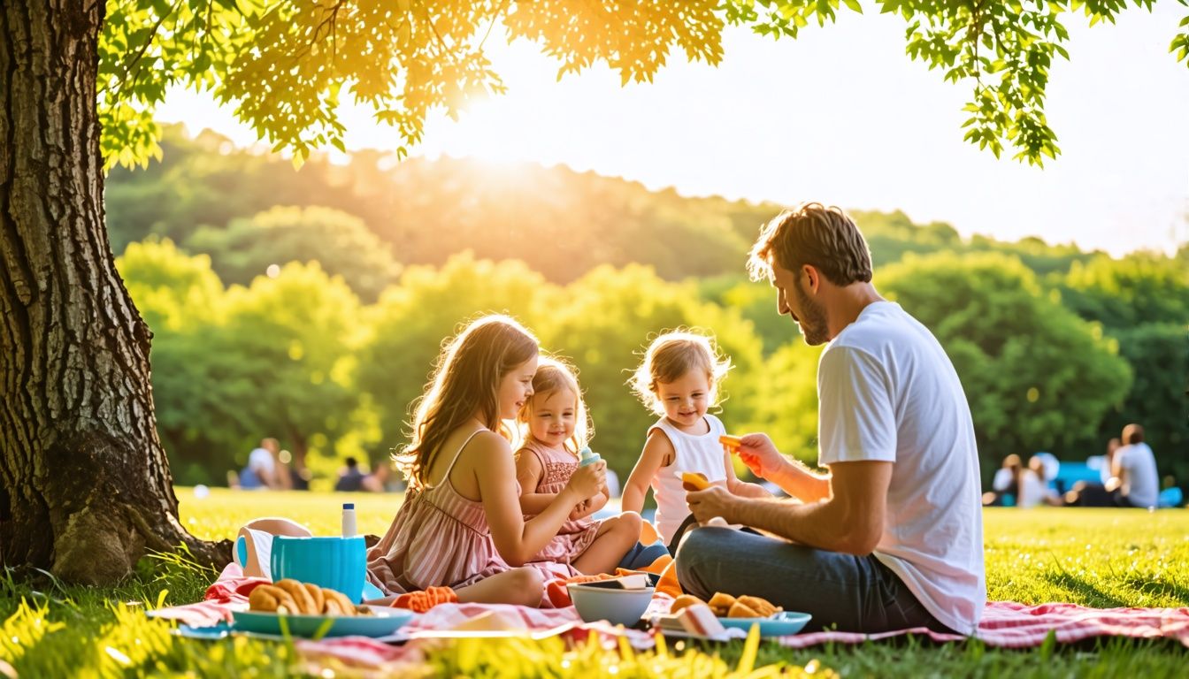 A family picnicking and applying sunscreen for sun protection.