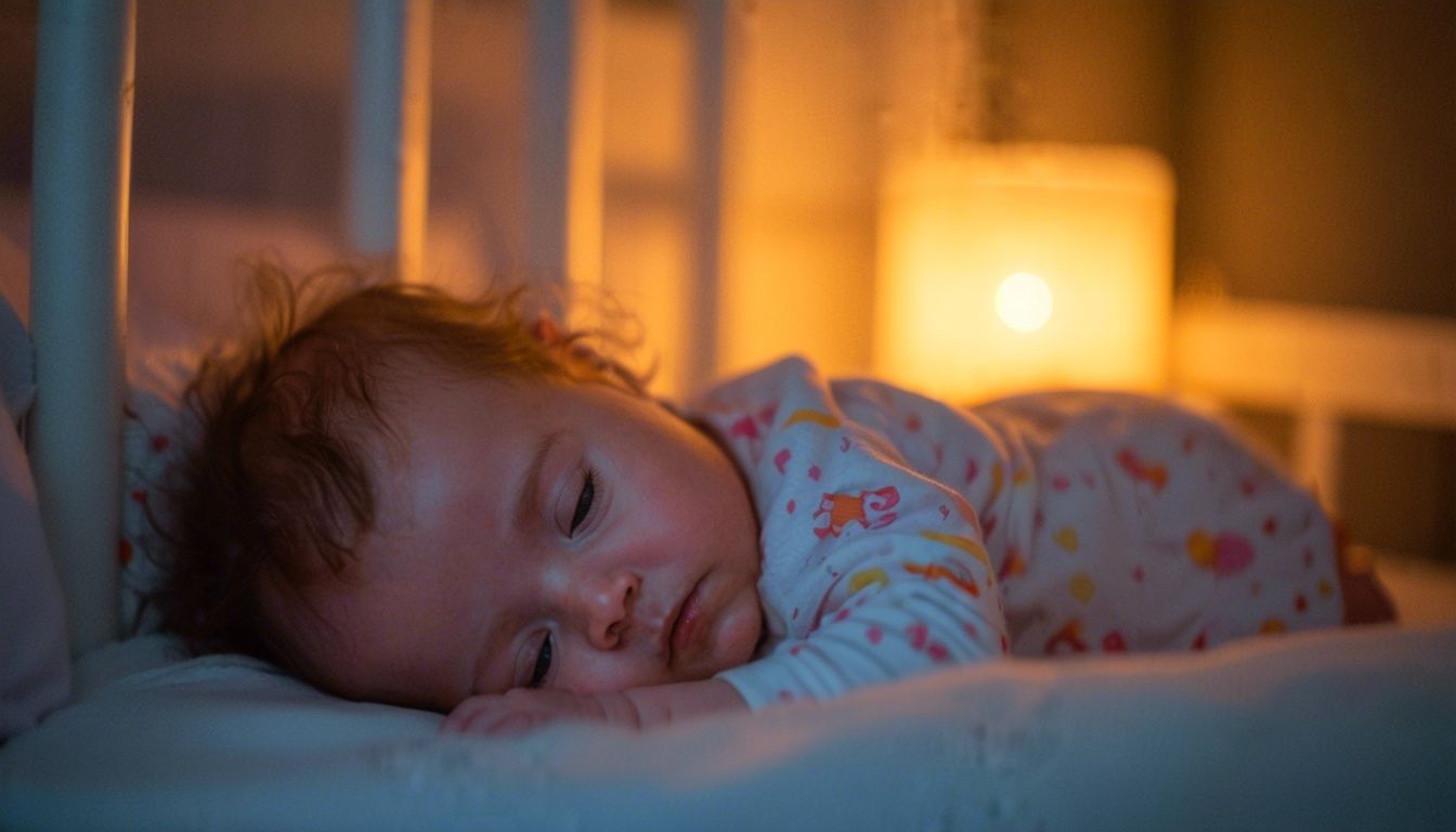 A baby girl peacefully sleeping in a nursery with a night light.