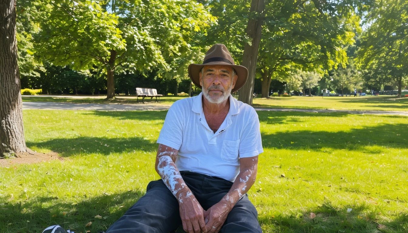 A middle-aged man with vitiligo sitting alone in a park.