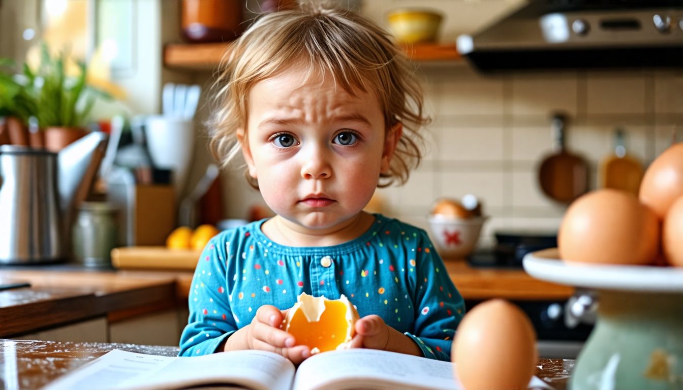 A child attempting to bake with a cracked egg.